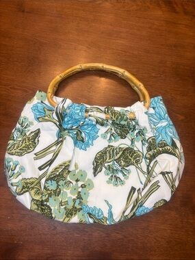 Vintage LOFT Floral Bamboo-Handle Tote in White, Blue and Green